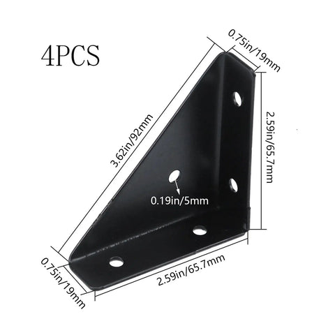 Rock Solid Triangle Shelf Brackets 90 Degree Corner Support, Slick Black Finish, dimensions of 3.62in x 2.59in x 0.75in.