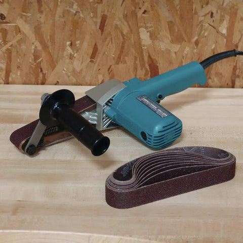 1-1/8 Inch By 21 Inch Belt Sander With Narrow Belt And Exposed Front Pulley For Tight Spaces, shown on workbench