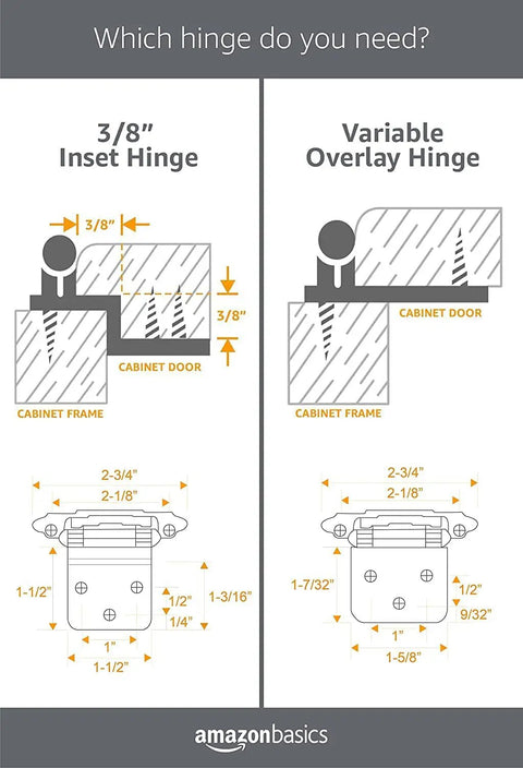 Diagram comparing 3/8 Inch Kitchen Inset Cabinet Door Hinge and Variable Overlay Hinge measurements.
