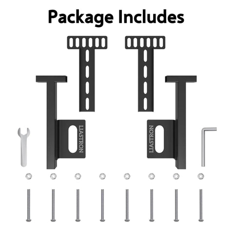 Adjustable Headboard Brackets For Metal Bed Frame Extension Kit With Heavy Duty Gear Easy Hook Up Quick Install Fits Twin Full Queen King Beds Matte Black Finish Pair package contents including brackets, tools, and screws.