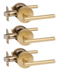 Three Satin Brass Passage Door Lever Set for Hall and Closet, Reversible Euro Handles, Easy Install Backset 2 3/8 to 2 3/4, 3 Pack