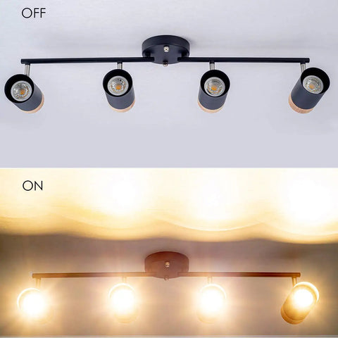 Black Track Lighting With Natural Wood Accent Four Adjustable GU10 Heads 365 Degree Horizontal Rotation And 90 Degree Vertical Tilt For Living Room And Kitchen Ambiance Vibe
