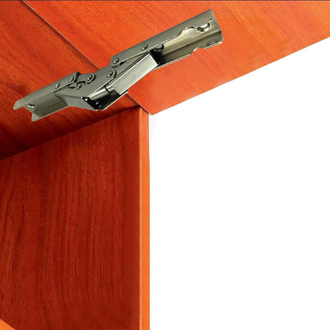 Heavy Duty Stainless Steel 90 Degree Folding Hinge Hidden Shelf Bracket Table Mount With No Sweat Setup For Cabinetry And Decor Built Tough Rust Resistant Hardware Kit 2 Piece Set attached to wooden shelf.