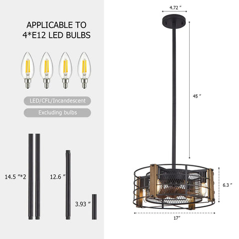 Wooden Farmhouse Ceiling Fan With Lights, Cage Style Indoor Vintage Ceiling Fan dimensions and bulb specifications