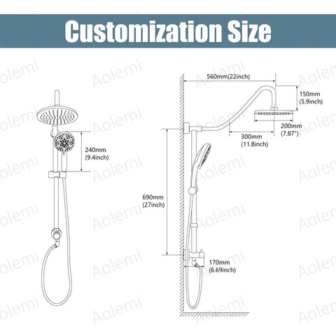 Diagram of Retrofit Shower System With 6 Function Handheld Sprayer And 8 Inch Rain Shower Head, wall mount dimensions shown.