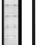 Slick Commercial Display Freezer With 6.5 Cubic Feet Capacity And 17 Inch Slim Profile, black with glass door showcasing interior.