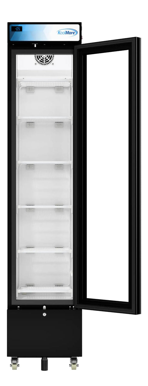 Slick Commercial Display Freezer With 6.5 Cubic Feet Capacity And 17 Inch Slim Profile, black with glass door showcasing interior.