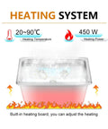 Hualuck 360W Ultrasonic Cleaner Bath With 10L Tank, 40Khz transducer heating system showing temperature control and power.