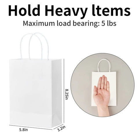 White paper bag with handles shown to hold heavy items, dimensioned 8.25x5.8x3.2 inches, max load 5 lbs.