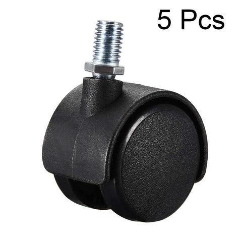 Twin Wheel Nylon Swivel Furniture Caster Set With 1.5 Inch Wheels And M10 X 15mm Threaded Stem Brakes, Non Marking Black Casters, 33lb Capacity Per Wheel, 5 Piece Furniture Caster Set For Smooth Rolling And Stability, single black caster with threaded stem