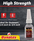Red High Strength Permanent Thread Locker Sealant for Large Fasteners bottle displayed with features; shock and vibration resistance.