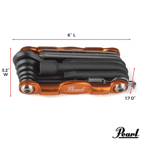 Side view of Orange Anodized TechTool Drum Key And Drum Set Multi Tool For Drummers with S2 Alloy Tools, 6x3.2x1.7 inches