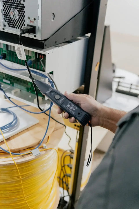 Pro Grade Multifilter Wire Tracer Probe With DSP Toner used in server setup for accurate cable identification and troubleshooting