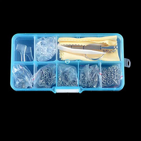 Self Repairing Glasses Kit Eyewear Maintenance Tool For Sunglasses And Eyeglasses DIY Ready Easy To Install Accessories For Quick Repairs Nose Pads And Replacement Parts in a blue box with screws and screwdriver visible.