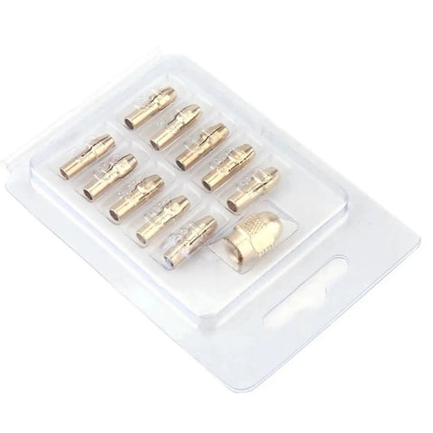 Get This Premium Brass Collet Set For Rotary Tools With Quick Change 4 3Mm Shank, 11 brass grips in packaging.
