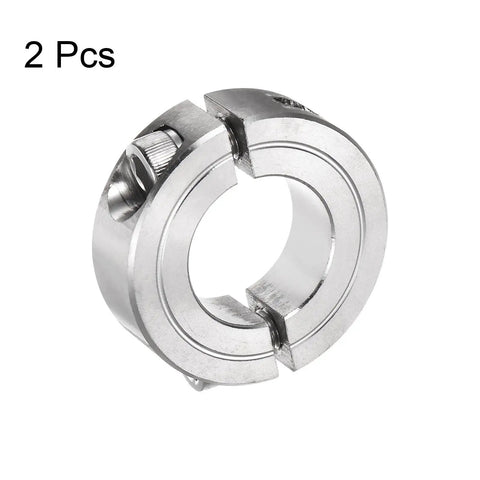 Two Piece Split Clamp On Shaft Collar For Seven Eighths Inch Shaft Outer Diameter One Half Inch Thick 304 Stainless Steel Set Screw Collar Built Tough For Positioning Spacing And Stops In Small Machinery. Close-up view of stainless collar.
