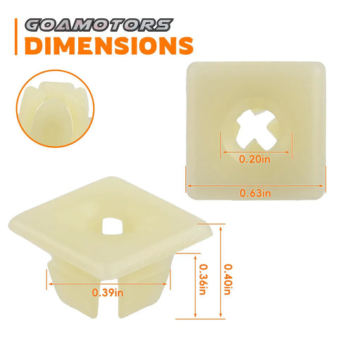 50 Piece Nylon Screw Inserts And License Plate Fasteners Kit with dimensions view, beige nylon, for Chevy Jeep Ford GMC