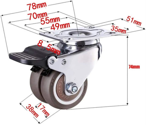 Heavy Duty Twin Rubber Casters 2 Inch Super Quiet Furniture Rollers Built Like A Tank, detailed size dimensions shown on image.