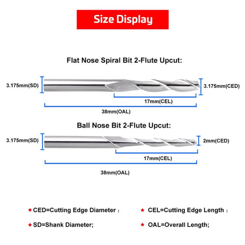 Size display of 40 Piece Pro Grade All In One CNC Router Bits Set With 1/8 Inch Shank Ball Nose And Flat Nose End Mills, 2 Flute, Nano Blue Coat And Titanium Coat, Engraving Milling Cutter Kit For Wood Metal Plastic, High Precision Tungsten Carbide.
