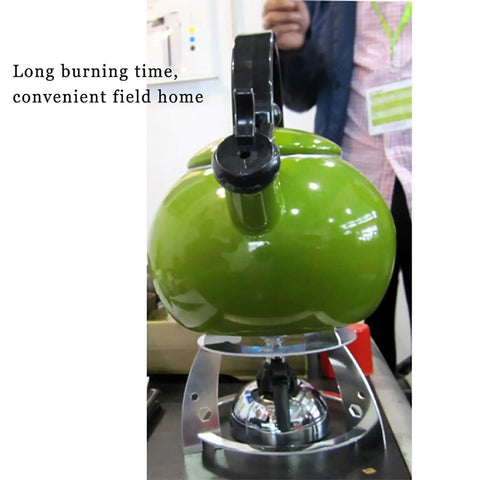 Portable Butane Burner Stove With Adjustable Flame, Lab Style Bunsen Burner On Aluminum Bracket with green kettle