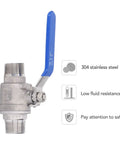 Built Like A Tank 304 Stainless Steel Ball Valve 3/4 Inch Npt Male Thread Featuring Heavy Duty Kickass Seals And A Rock Solid 1000 Wog Rating For Daily Plumbing Jobs, showing blue lever and male threads.