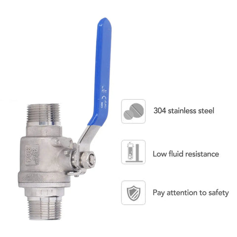 Built Like A Tank 304 Stainless Steel Ball Valve 3/4 Inch Npt Male Thread Featuring Heavy Duty Kickass Seals And A Rock Solid 1000 Wog Rating For Daily Plumbing Jobs, showing blue lever and male threads.