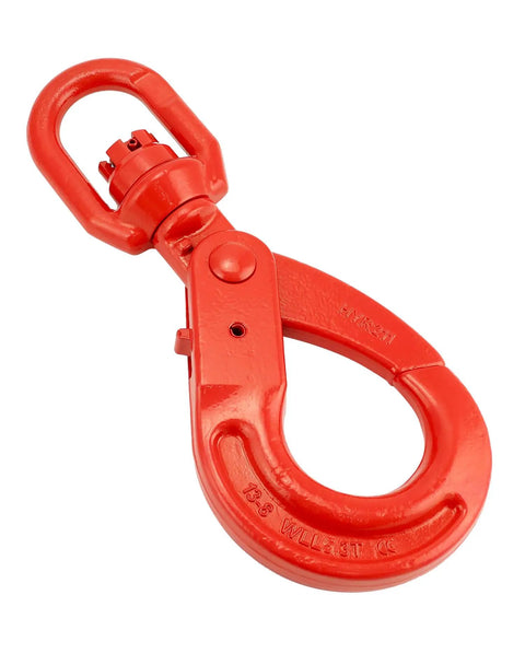 Dead Serious Heavy Duty Grade 80 Swivel Self Locking Hoist Hook With Eleven Thousand Pound Capacity And Rock Solid Drop Forged Steel Body Built Different For Rigging Jobs, red metal hook.