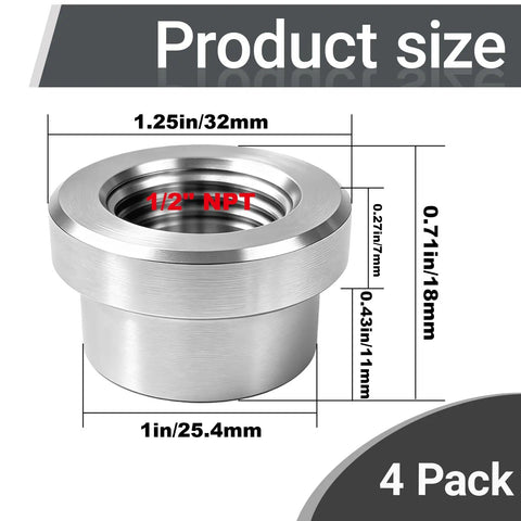 4 Pack Half Inch NPT Weld On Female Bung Fitting Badass 304 Stainless Steel Auto Fuel Tank Adapter dimensions displayed