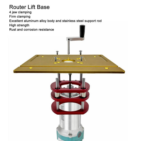 Router Table Base With Lift System, Heavy Duty Aluminum Alloy And Stainless Steel Construction, 4 Jaw Clamping Universal Trimming Machine, Durable Lifting Base For Woodworking DIYers, Carpenters, Engineers, And Pros, Easy Install, shown with router