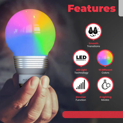 Hand holding an LED color changing light bulb with remote control 16 color options and modes like smooth fade flash or strobe.