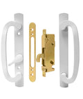 White Patio Sliding Glass Door Handle Set With Reversible Design Fits 1 3 8 To 2 1 4 Inch Thick Wood Or Vinyl Doors 3 15 16 Inch Hole Centers And 45 Degree Keyway For Offset B Position Latch Installations showing handle parts and latch