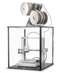 3D Printer Enclosure For Bambu Lab A1 With Fume And Odor Control, clear panels, and spool holder on top, front view in black.