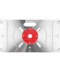 Built Tough Aluminum Router Base Plate With Four Fast Swap Inserts And Precision Bushing For Smooth Wood Routing Carving And Tight Trim Job Guaranteed To Last, showing red insert and measurement markings.