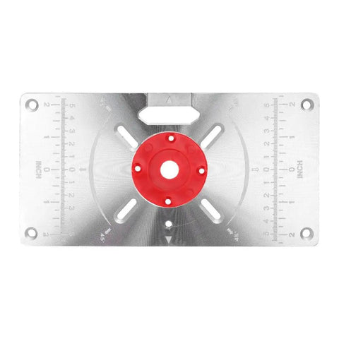 Built Tough Aluminum Router Base Plate With Four Fast Swap Inserts And Precision Bushing For Smooth Wood Routing Carving And Tight Trim Job Guaranteed To Last, showing red insert and measurement markings.