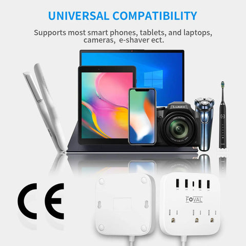 8 In 1 Travel Plug Adapter With USB C And Four USB Ports Three AC Outlets Wall Mountable next to electronic devices