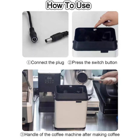 Automatic Electric Portafilter Cleaner And Espresso Knock Box Compatible With 58mm Coffee Machines No Sweat Grounds Dumping usage steps.