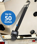 Beefy Retractable Transom Boat Tie Down Straps 2x43-Inch With 2500Lb Break Strength on a trailer showing S-hook and length indicator