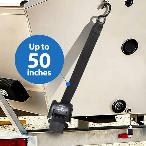 Beefy Retractable Transom Boat Tie Down Straps 2x43-Inch With 2500Lb Break Strength on a trailer showing S-hook and length indicator