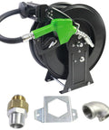 Retractable Three Quarter Inch Fuel Hose Reel 33 Feet With Nozzle And Swivel Diesel Reel Built To Last Auto Spring Driven 300 PSI Industrial Steel Construction NBR Rubber Hose For Farm Factory And Workshop, green nozzle