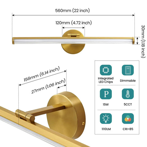 Gold Vanity Light Bar Over Mirror, 22 Inch LED Dimmable Fixture with dimensions and features shown