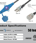 Heavy Duty 50 Foot Extension Cord 12 Gauge With 7 NEMA 5-15R Outlets And Blue Indicator Lights, SJTW Cable with ETL Listed Features