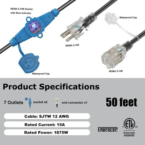 Heavy Duty 50 Foot Extension Cord 12 Gauge With 7 NEMA 5-15R Outlets And Blue Indicator Lights, SJTW Cable with ETL Listed Features
