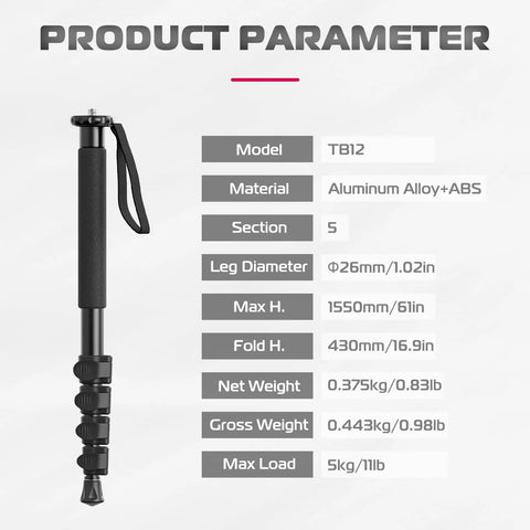 Ultra Lightweight 61 Inch Camera Monopod For On The Go Travel Photography specifications and dimensions