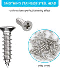 Close-up of stainless steel screws from Stainless Steel Straight Brace Set For Home Improvement, Four Pieces 156 By 18 Mm Flat Brackets With 24 Included Screws.