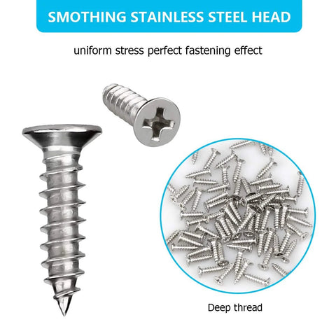 Close-up of stainless steel screws from Stainless Steel Straight Brace Set For Home Improvement, Four Pieces 156 By 18 Mm Flat Brackets With 24 Included Screws.