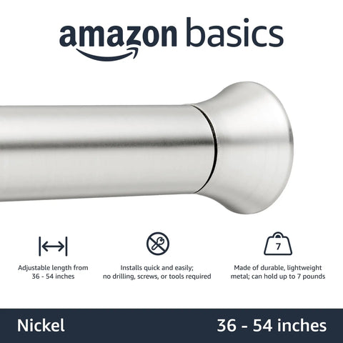 Adjustable Tension Curtain Rod For Windows And Showers 36 To 54 Inch Drill Free Spring Loaded Design With Nickel Finish And Classic Finials With Traction Caps For Quick Setup And Built Tough Daily Reliability