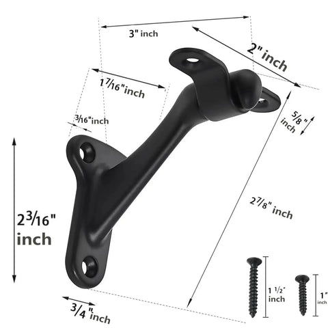 6 Pack 3 Inch Matte Black Hand Rail Brackets Rock Solid Heavy Duty Zinc Alloy Wall Mount Stair Support Hardware Effortless Home And Office Railing Installation System with dimensions.