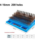 Pro Grade Drill Bit And End Mill Storage Box Organizer with 200 hole capacity for 4 to 16 mm tools, shown with bits and dimensions.
