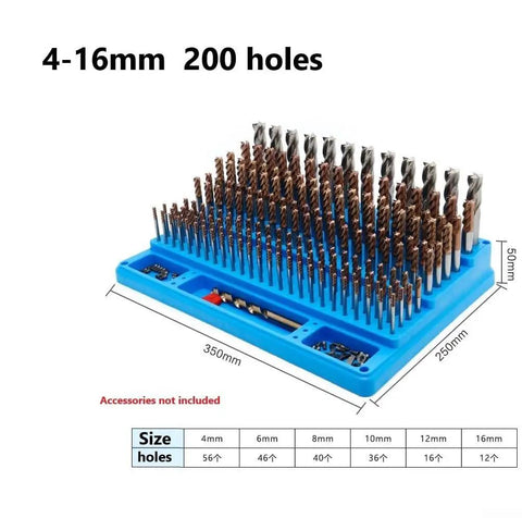 Pro Grade Drill Bit And End Mill Storage Box Organizer with 200 hole capacity for 4 to 16 mm tools, shown with bits and dimensions.