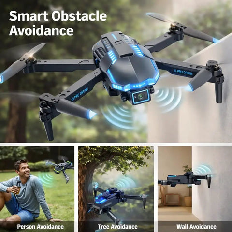 1080P Camera Mini Drone With Brushless Motors For Beginners Long Flight Time One Key Start Headless Mode Two Batteries FPV Real Time Video Transmission RC Quadcopter Toy For Teens Boys And Girls displayed with obstacle avoidance features.
